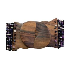 Vintage Colorful Beaded Bohemian Stretchy Belt with Wooden Buckle Purple Retro